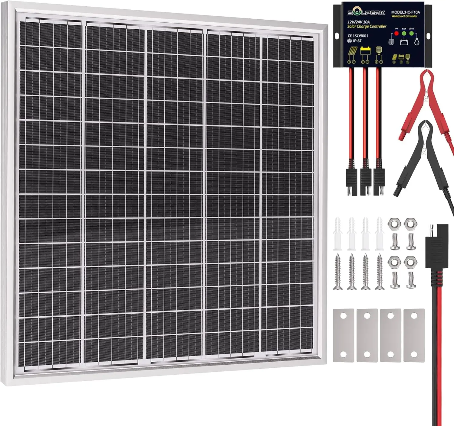 SOLPERK 50W 24V Portable High Efficiency Solar Panel with 10A Smart Charge Controller, Waterproof Solar Cell Trickle Charger Maintainer for Trailer, Boat, RV Household Appliance Parts & Accessories, Portable Solar Panel, Waterproof Solar Panel