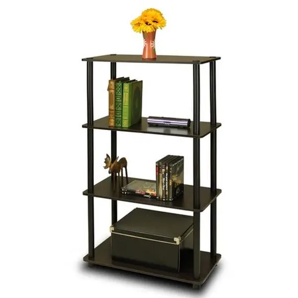 Furinno Turn-N-Tube 4-Tier Wooden Bookshelf Rack Organiser - DIY Assembly Required, Particle Board, No Screws, Turn-and-Fit Design, Espresso & Black Finish, 43.25x23.6x11.6in, Kid & Parent-Safe, Home Storage Solutions, Ideal for Books, Flowers, Rack Shelf