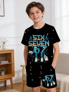 Boys Junior Pixel Mechanical 67 Print Set, Stylish Casual Athletic Hoodie and Track Shorts, Comfortable T-Shirt and Shorts Set for Outdoor Wear Outfit
