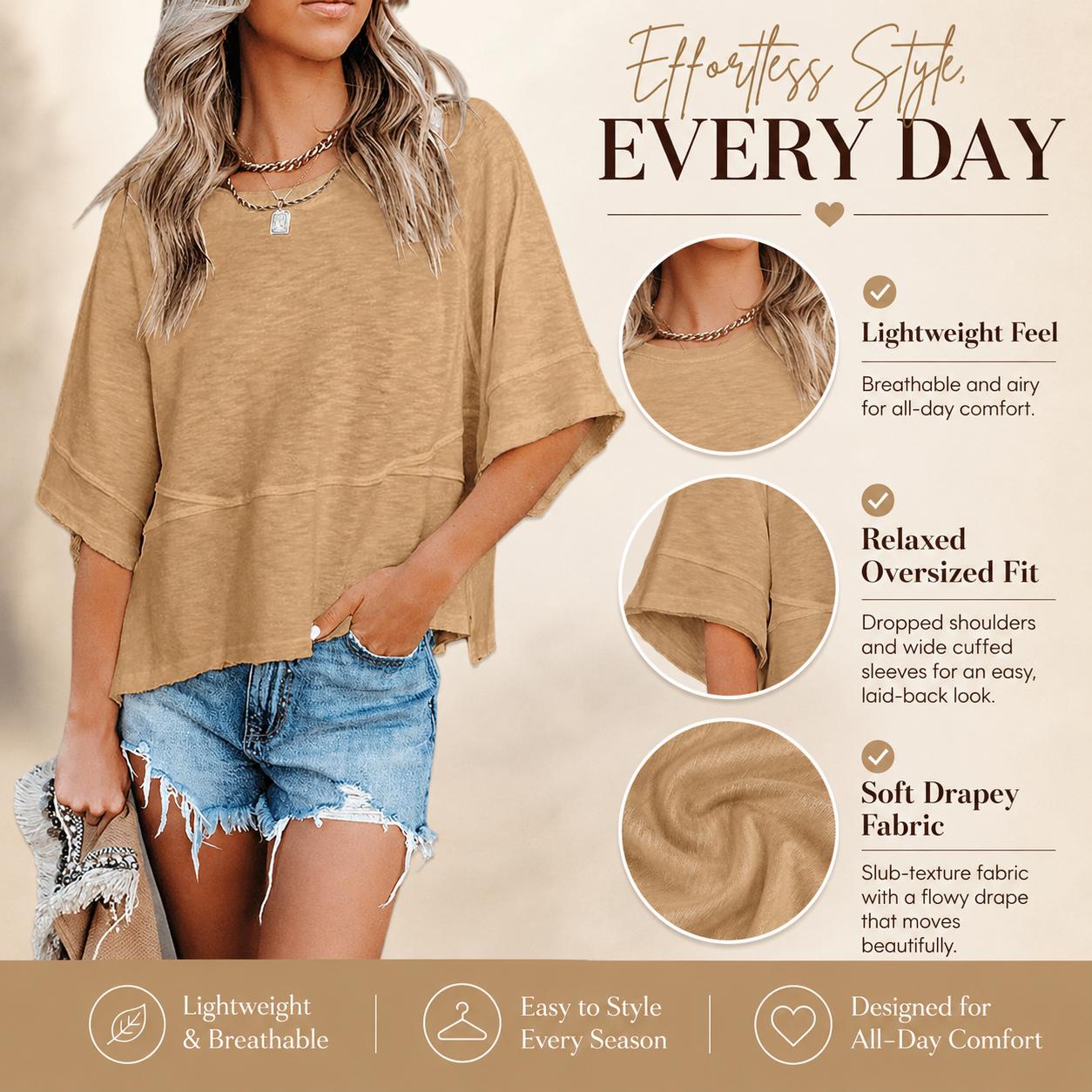 Women’s Summer Casual Crewneck Batwing Half Sleeve Top, Solid Color Loose Fit Flowy Basic T-Shirt Blouse for Everyday Wear