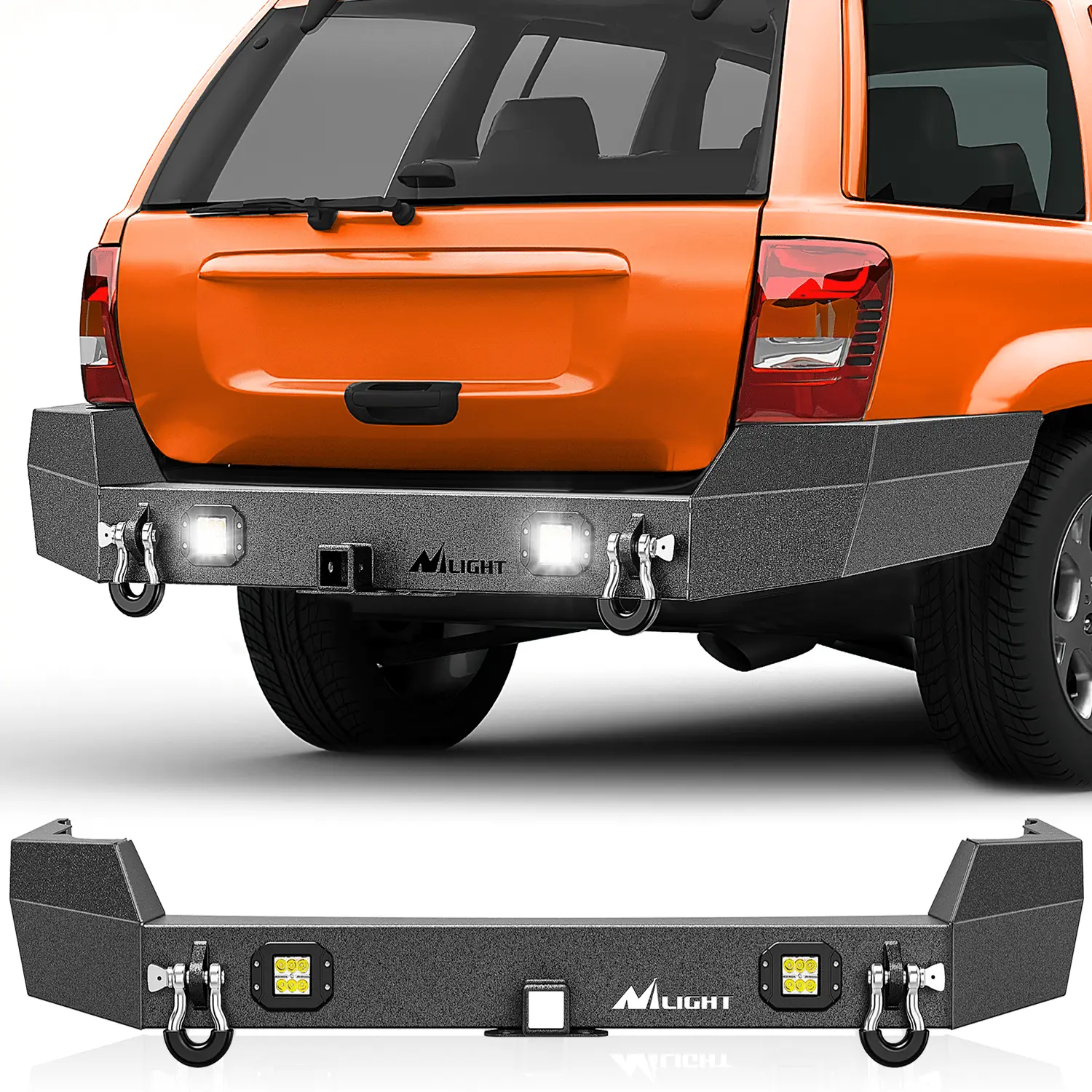 Nilight Rear Bumper Kit for 1999-2004 Jeep Grand Cherokee WJ, Offroad Metal Bumper with 2in Hitch Receiver, 2in Steel Tubing, 2pcs 18W LED Light Pods, D-Rings, Screws, Shackle Mounts, Textured Black Finish, Rust Prevention, High Strength & Durability, Fro