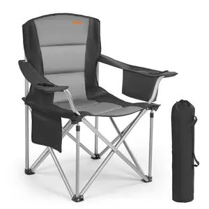VEVOR Heavy-Duty Camping Folding Chair for Adults, Portable Quad Chair with Padded Lumbar Back, Armrests, Side Pockets, Cup Holder & Cooler Bag, for Beach, Picnic, Fishing (Black)