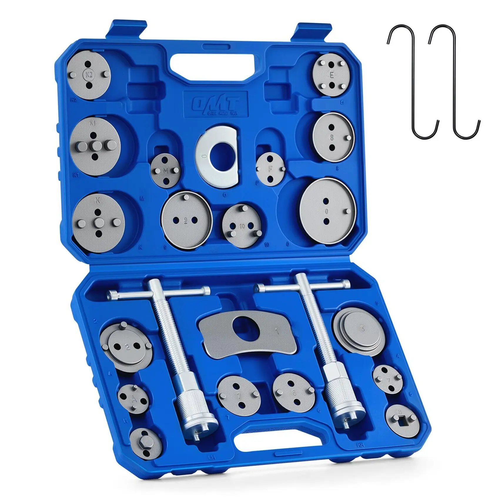 Orion Motor Tech 24pc Brake Caliper Compression Tool with Adapters & Hangers, Sandblast 1045 Steel Construction, Full Multi Piece Set for Most Vehicles, Thrust Bolt Assemblies, Precision Auto Repair,