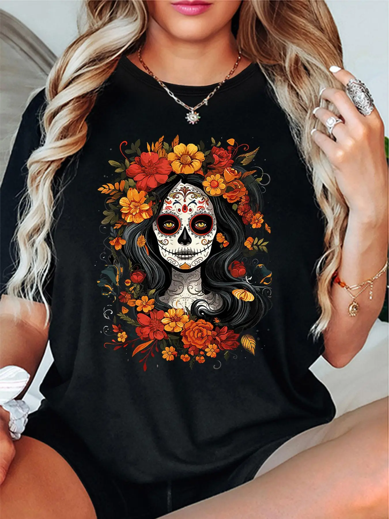 Women's Floral & Figure Print Round Neck Tee, Vintage 90s Graphic Tees, Fashion Casual Short Sleeve T-shirt for Daily Wear, Ladies Summer Clothes, Goi