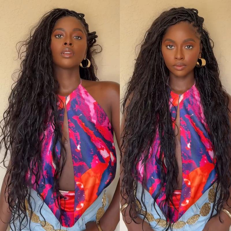 Crochet Boho Faux Locs Braiding Hair With Human Hair Body Loose Wave Curls Pre Looped Goddess Boho Dreadlocks Curly Full Ends Hair Extensions For Black Women Natural Color