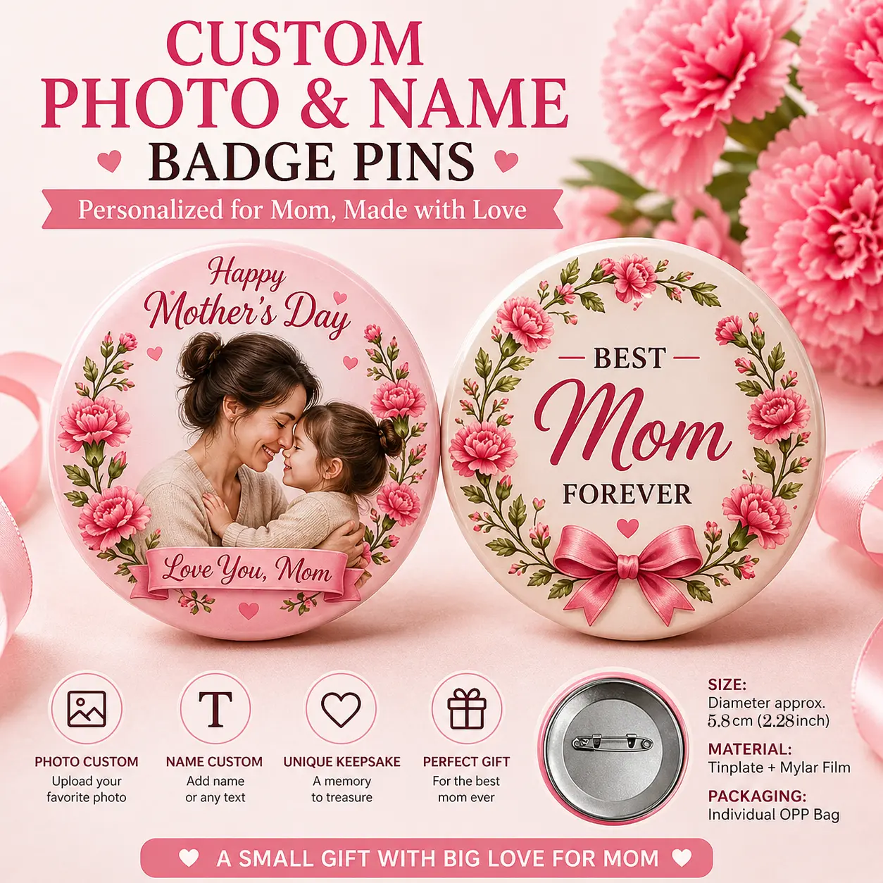 5pcs Custom Mother's Day Photo Badge Pin Personalized Name Brooch Gift for Mom 5.8cm Round Button Custom Picture Memorial Keepsake Cute Floral Badge