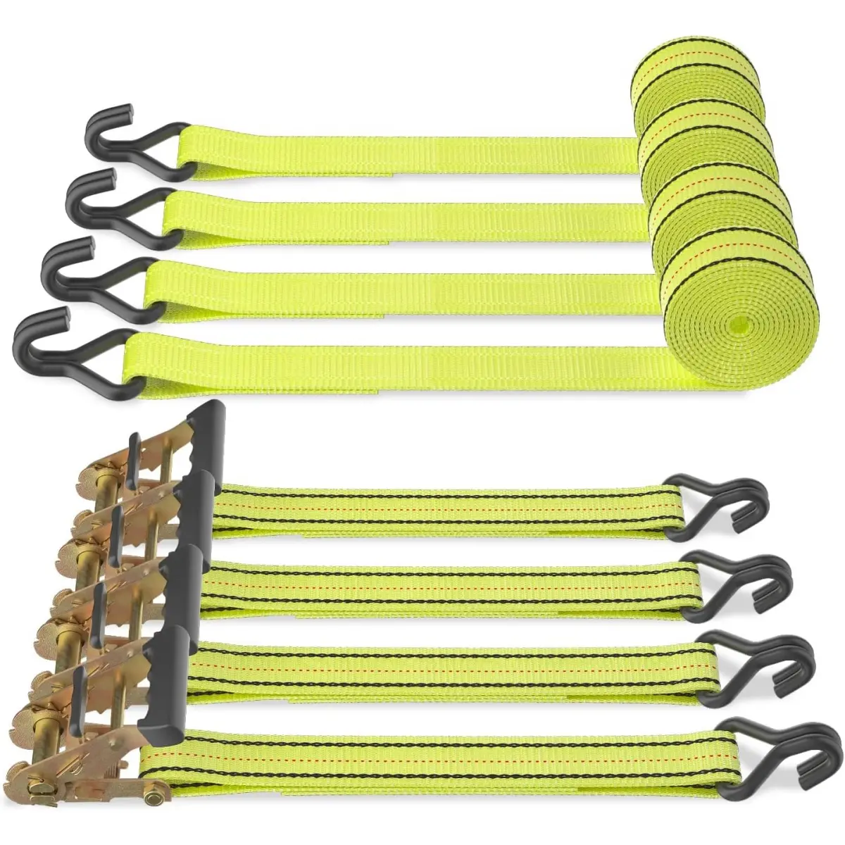 4PC Polyester Webbing Ratchet Strap Set (1.5" x 15ft) - 3000lb Break Strength, 1000lb Working Load, Rubber-Coated Stainless Steel Double J Hooks for Securing ATVs, Household Appliances