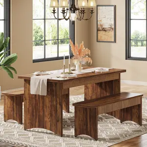 LITTLE TREE 3-Piece Dining Table Set, 55" Dining Room Table with 2 Benches for 4-6 People, Kitchen, Dining Room, Rustic Brown