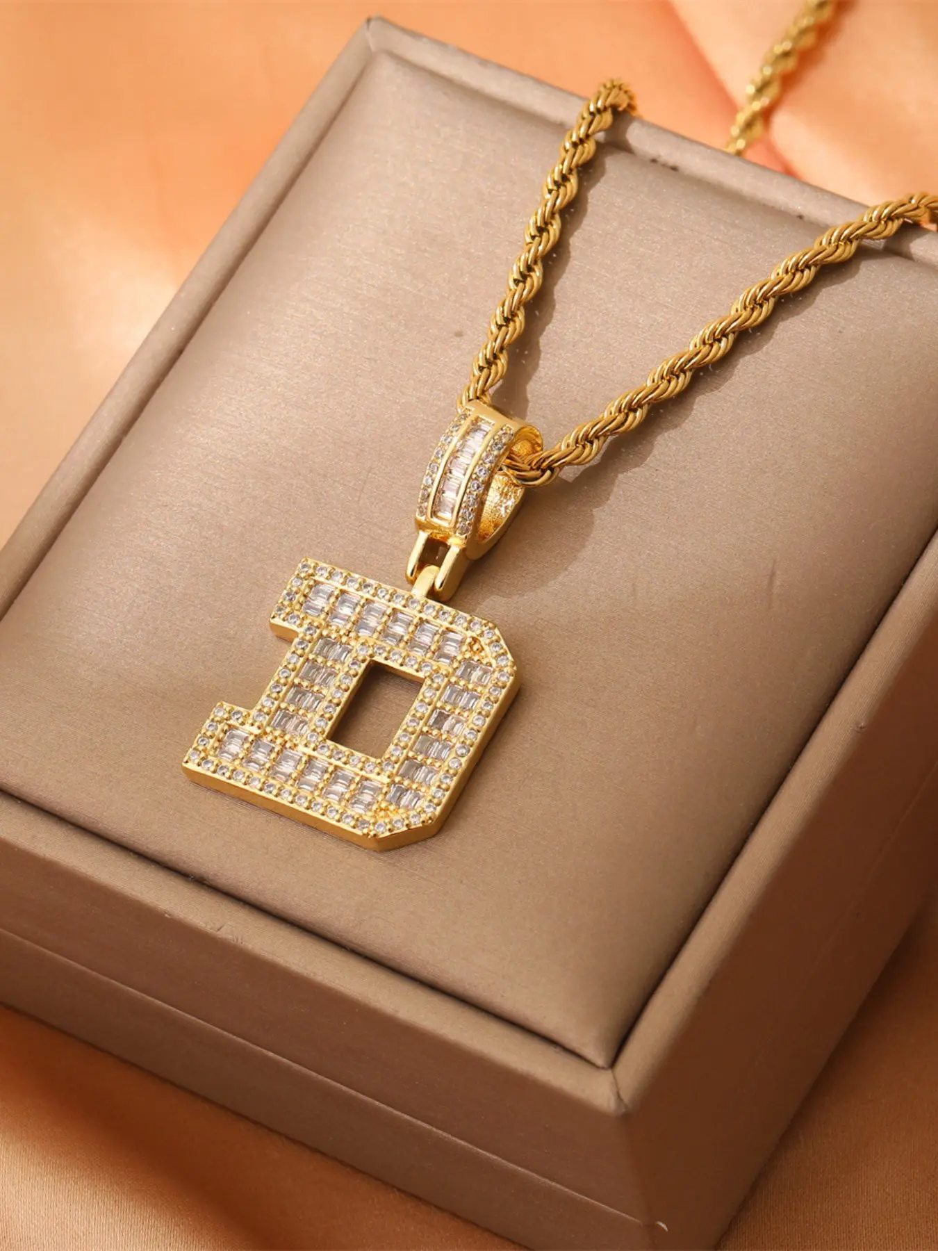 Men's Double Layer Zircon Bling Pendant Necklace, Solid Full Zircon Rhombus Mother Necklace, 26 Letter Pendants, Hip Hop Fashion Jewelry, Geometric Pendant Necklace, Fancy Link Chain