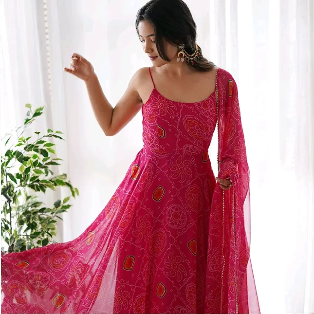 Pink Bandhani Chiffon Anarkali With Dupatta