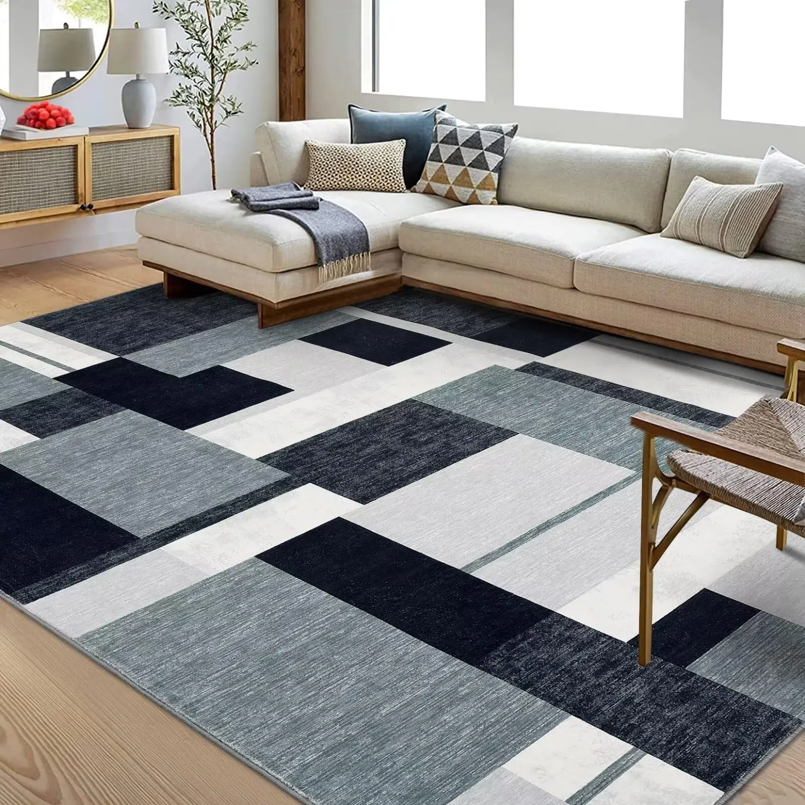 【GARVEE】Modern Washable Rugs: Geometric Patchwork, Non-Slip, Soft, Low Pile Carpets for Living Room, Bedroom, Dining Room, Office, and Hallway in Various Sizes and Colors