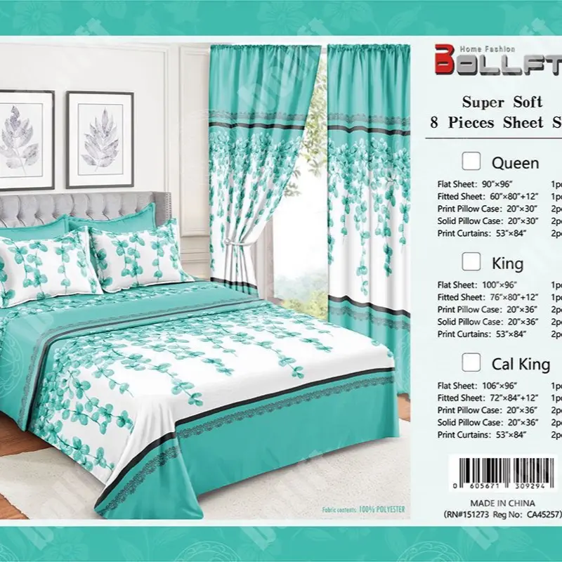 BELLFT 8-Piece Queen Sheet Set 100% Polyester Floral Turquoise/White