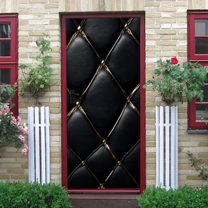 2 Luxury Black Leather Texture Stereo Wall Sticker Diamond Grid Gold-plated Rivet Self-adhesive Door Sticker Living Room BedroomBackground Wall Decor Sticker Removable Waterproof Moisture-proof Home Wal