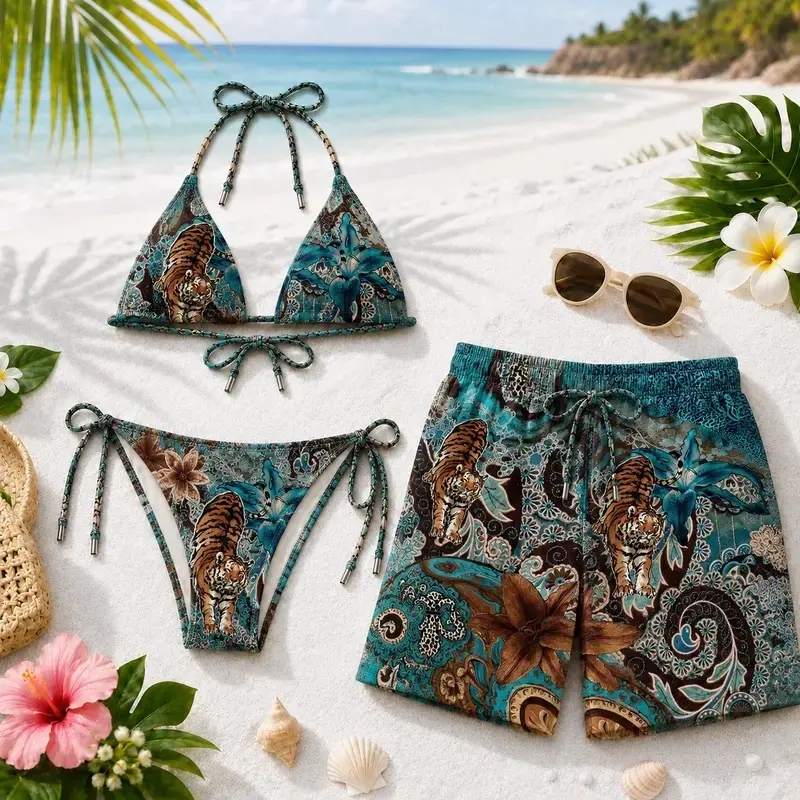 Matching Couple Swimwear Set – Tiger Floral Print Bikini & Men's Swim Trunks, Tropical Beach Vacation Outfit, Summer Pool Party Gift