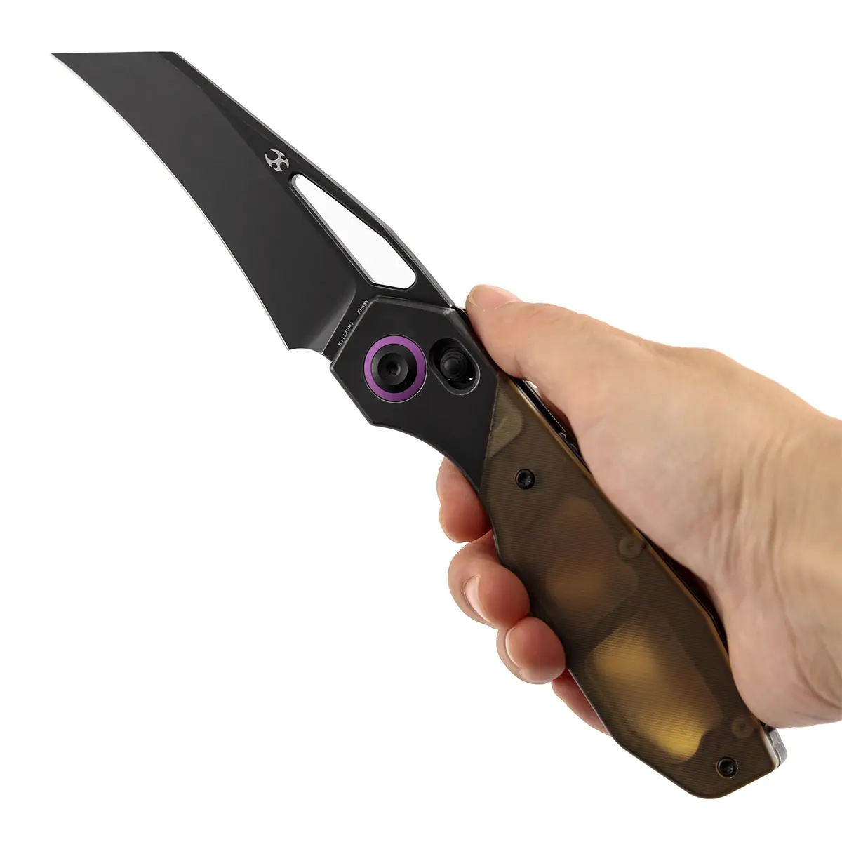 KANSEPT QTRO Crossbar Lock Blackwash Titanium with Amber Pei/Ultem Inlay/Twill Carbon Fiber & G10 Inlay Handle (3.59'' Elmax/Damascus Blade) Luft Concepts Designed- K1118VHSeries