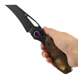 KANSEPT QTRO Crossbar Lock Blackwash Titanium with Amber Pei/Ultem Inlay/Twill Carbon Fiber & G10 Inlay Handle (3.59'' Elmax/Damascus Blade) Luft Concepts Designed- K1118VHSeries