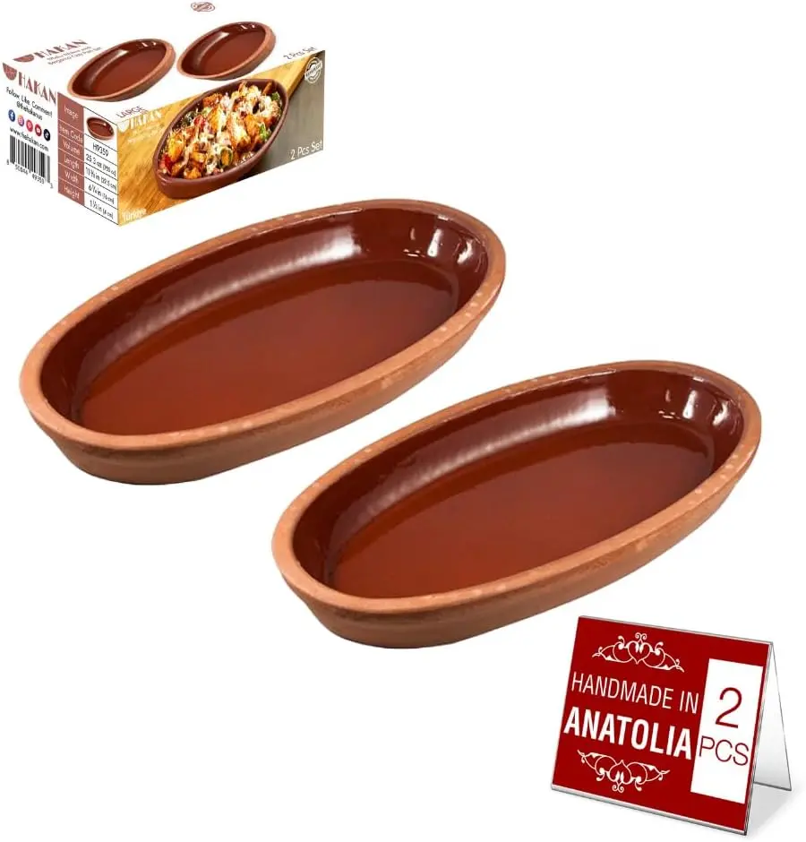 Hakan Bergama Handmade Oval Clay Pan Set of 2, Terracotta Pans Glazed Inside, Casserole Dishes for Oven Baking, Traditional Earthenware Clay in Box, 4.8 x 10.25 x 1.5-inch 13.5 Oz (400 cc)