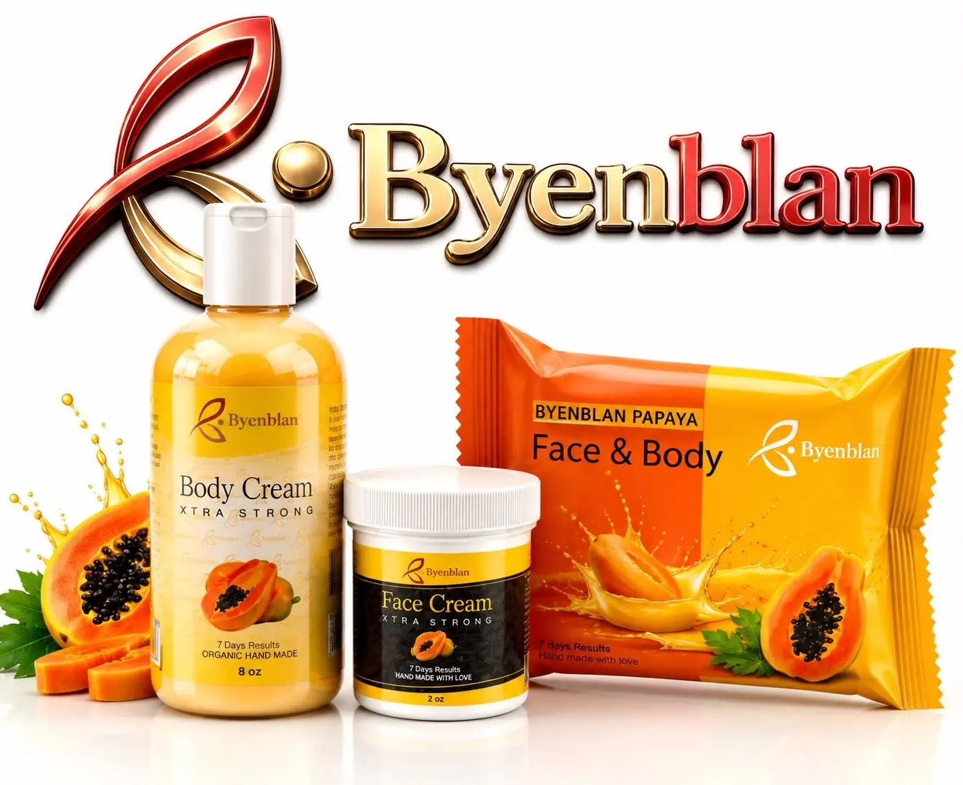 Mayouyou, Byenblan Sets of 3Pcs X Strong Papaya,8 Oz Body Cream ,4 oz Face Cream,7 Oz Face & Body Soap Lotions