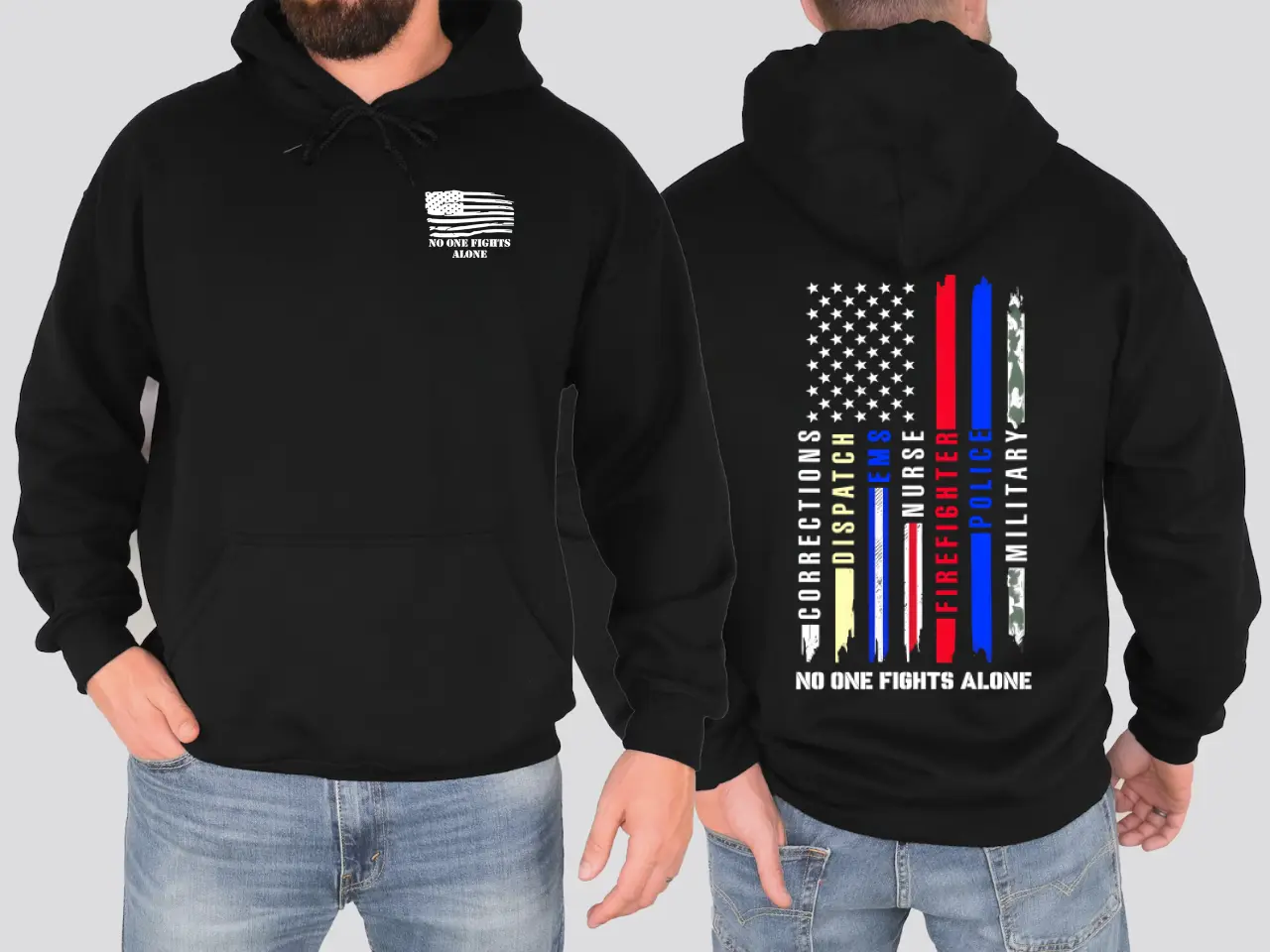 Unbranded Premium Unisex Long Sleeve Pullover Hoodie, Menswear "No One Fights Alone" Hero Print Graphic Art Top, First Responder Support Gift for EMS Nurse Police