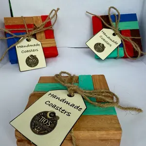 TiosOddities Glue-tiful Sips Handmade & Happy Pocket-Sized Coasters - Bold Colors Hand-Glued with Wonky-Perfect Charm - Paintable with Acrylics - One of a Kind Artistic Coasters