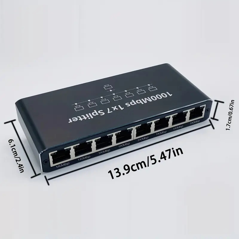 Gigabit Ethernet Splitter - 1x7 RJ45 Port Network Share Adapter with Dual Ports, USB-Powered Black Device, SmartThings Compatible, Modular Design for Easy Install (for PC/Tablet), Usb Power