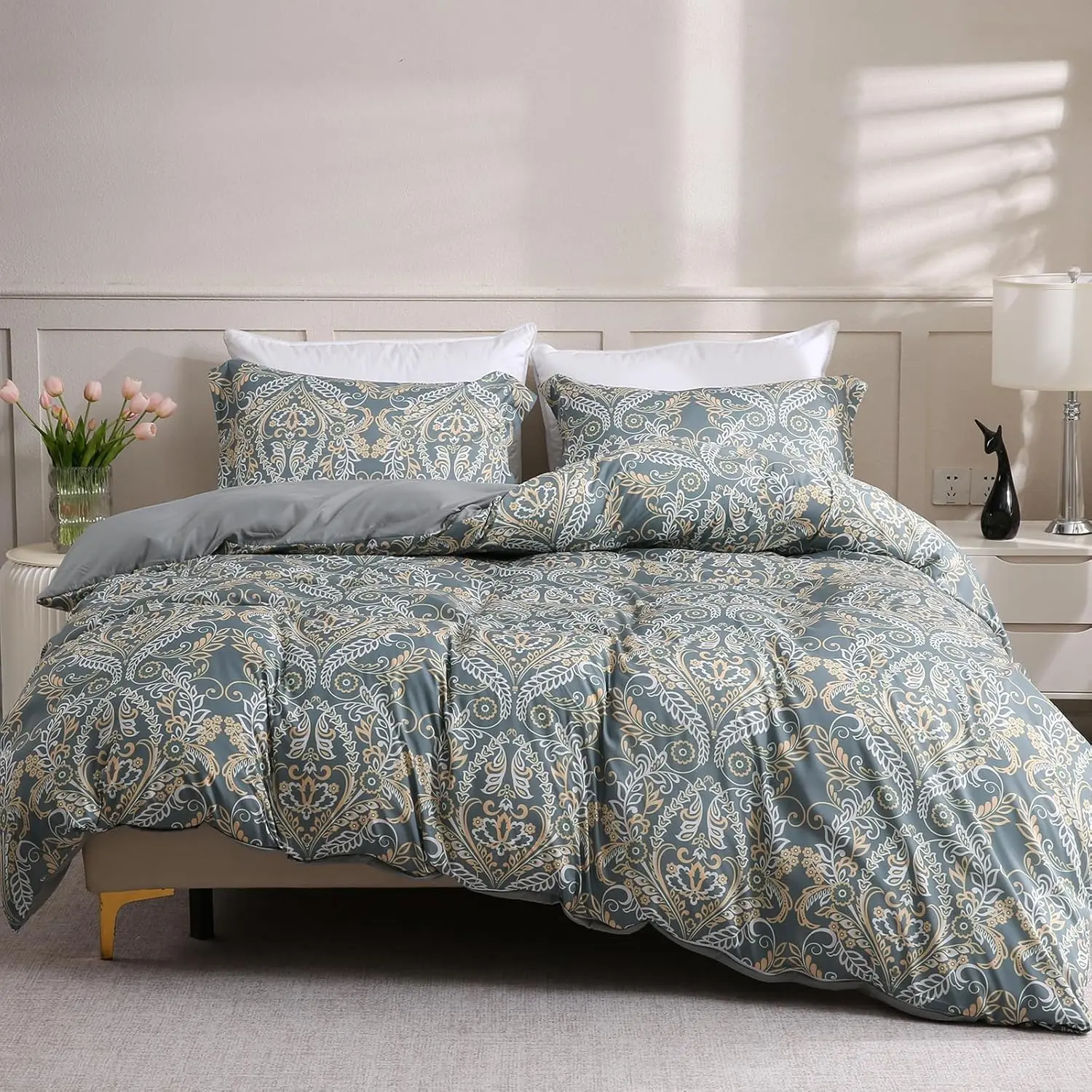 Queen Paisley 3-Piece Duvet Cover Set, Classic Retro Floral Microfibre Bedding - Breathable Soft Grey Lining Comforter Cover with Zipper Closure, 2 Anti-Pilling Fade-Resistant Pillowcases, Machine Washable Green Paisley