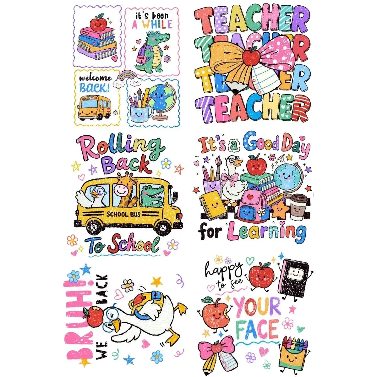 Back to School mini premade DTF gang sheet-6 adult prints Graphic Garment Summer Tshirt Womenswear