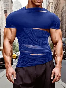 INCERUN Men's Fashion Streetwear Simple Deconstructed Patchwork Mesh Net Color Plain T-Shirt, Comfortable and Stylish, Suitable For Daily Wear