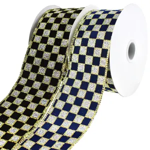 Glittered Checkered Board Wired Ribbon, 2-1/2-Inch, 10-Yard