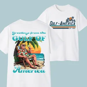 Classic unisex cotton t-shirt with the graphic print "Greetings from America's Patriotic Gulf", established in 2025. Double-Sided Graphic Tee, Gifts