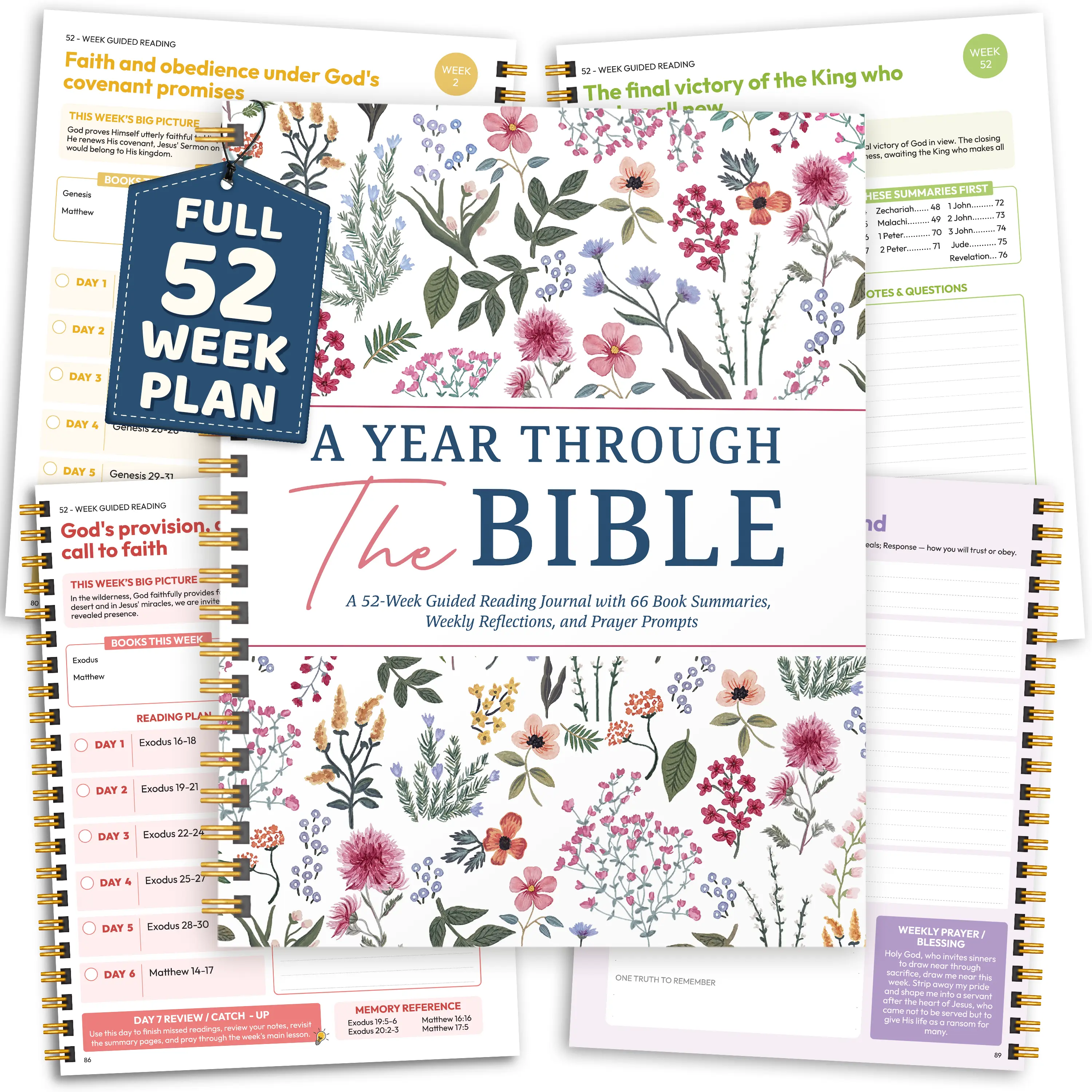 A Year Through The Bible Journal, 52 Week Bible Study Guide, Spiral Bound Bible Reading Plan with 66 Book Summaries, Devotional Journal, Prayer & Reflection Notebook for Women Adults Teens