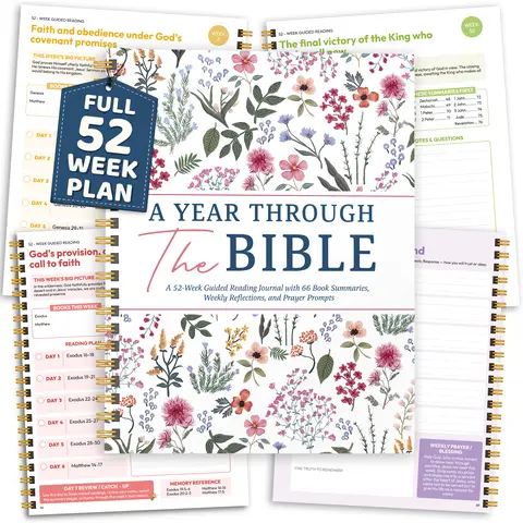 A Year Through The Bible Journal, 52 Week Bible Study Guide, Spiral Bound Bible Reading Plan with 66 Book Summaries, Devotional Journal, Prayer & Reflection Notebook for Women Adults Teens