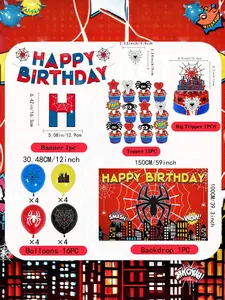 Spider-Man Kids Birthday Party Decoration Set, Includes Background Cloth, Pull Flag, Balloons, Cake Topper, Unforgettable Birthday Party