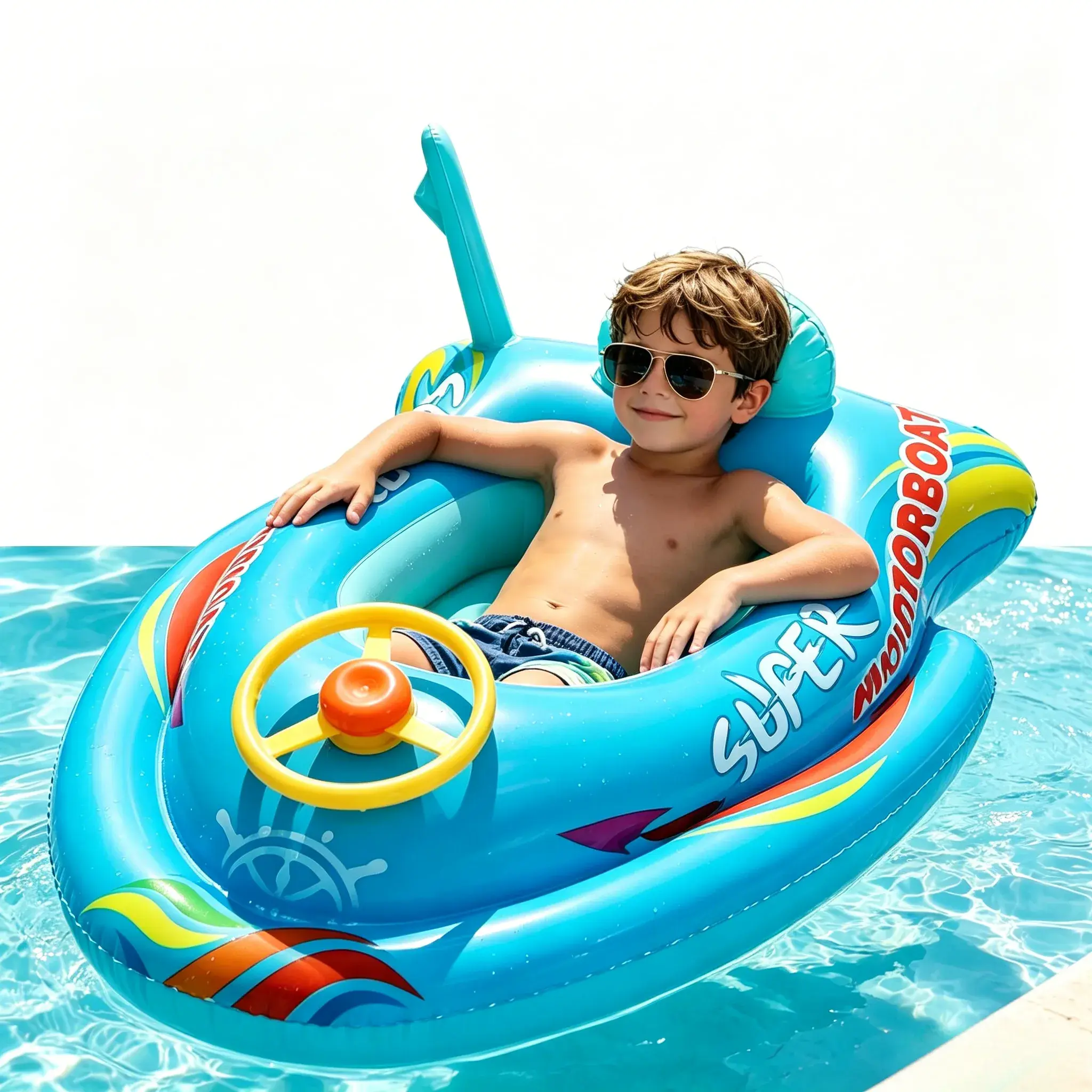 Baby swim float seat boat Children's Car Boat Anti-Roll Swimming Seat Ring Pool Water Play Toy with Built-in Simulated Steering Wheel inflatable ride-on boat float for kids