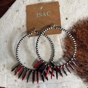 ISAC Navajo Red Hoop Earrings with Beaded Accents and Red Beads for Women