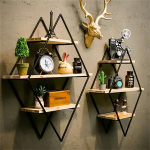 [Geometric Wall Shelves] 3 Tier Geometric Diamond Wall Floating Shelves - Decorative Industrial Hanging Metal Wire Wood Display Shelf for Living Room Kitchen