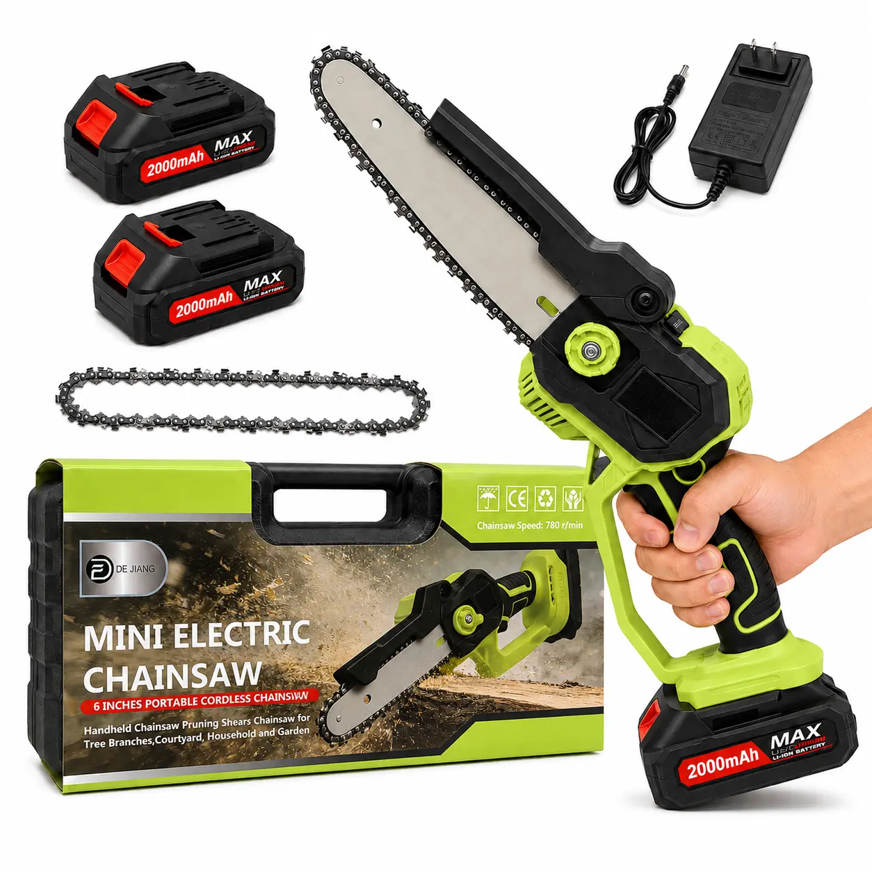 NEW 6-Inch Cordless Mini Electric Chainsaw with 2×2000mAh Batteries & Carrying Case, Rechargeable Handheld Pruning Saw for Wood Cutting, Garden Trimming