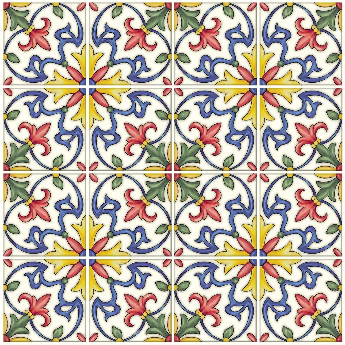 212 MAIN Classic Tuscan Italian Flower Print Peel-and-Stick Decorative Wall Tile Stickers, Multicolor 4-Panel Home Decor Backsplash for Home Improvement Building Supplies