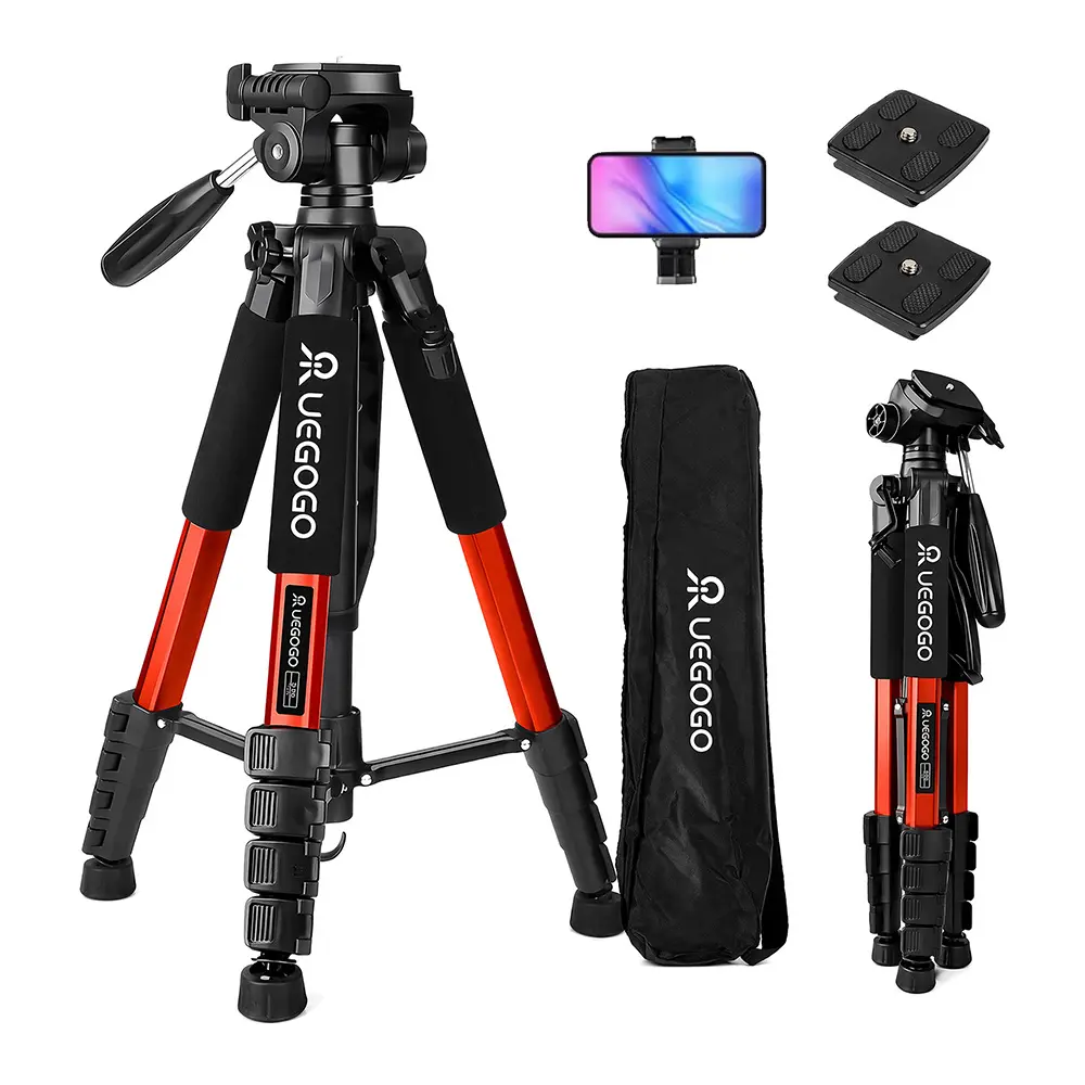 74" Camera Tripod Stand, Aluminum Tripod with Phone Holder, Travel Bag, Compatible with GoPro/DSLR/Cell Phone/Camcorder, Max Load 8.8LB (Orange)#SummerWins#Fathersdaygift