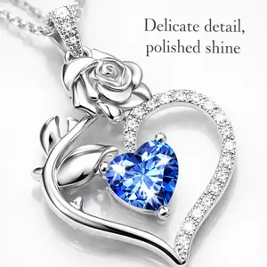 925 Sterling Silver Heart Rose Birthstone Necklace for Women, Gift-Boxed Romantic Pendant for Wife Girlfriend Mom