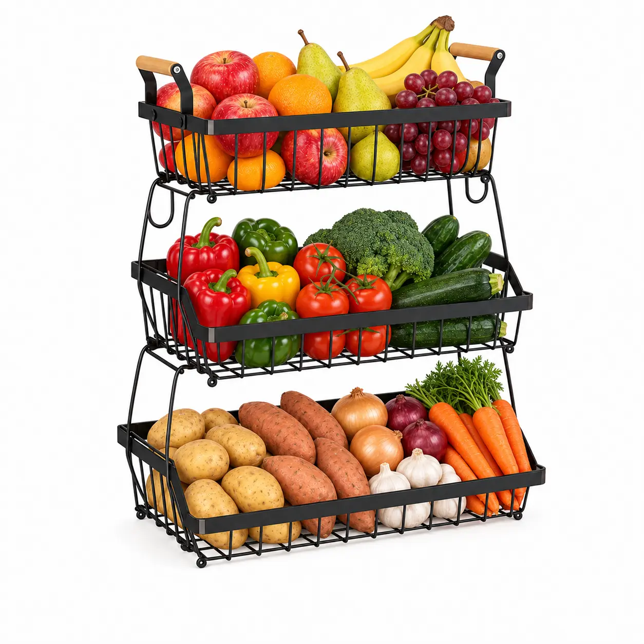 3-Tier Metal Wire Fruit & Vegetable Storage Basket with Banana Hook & Wooden Handle - Detachable Stackable Organization Unit, Pantry Storage Organizer for Kitchen Counter