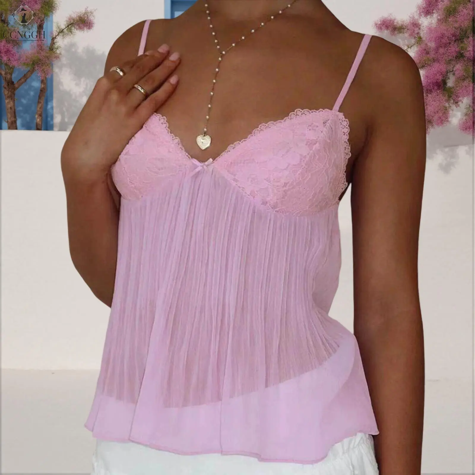 Women Y2k Babydoll Tank Tops Lace Trim V Neck Crop Cami Spaghetti