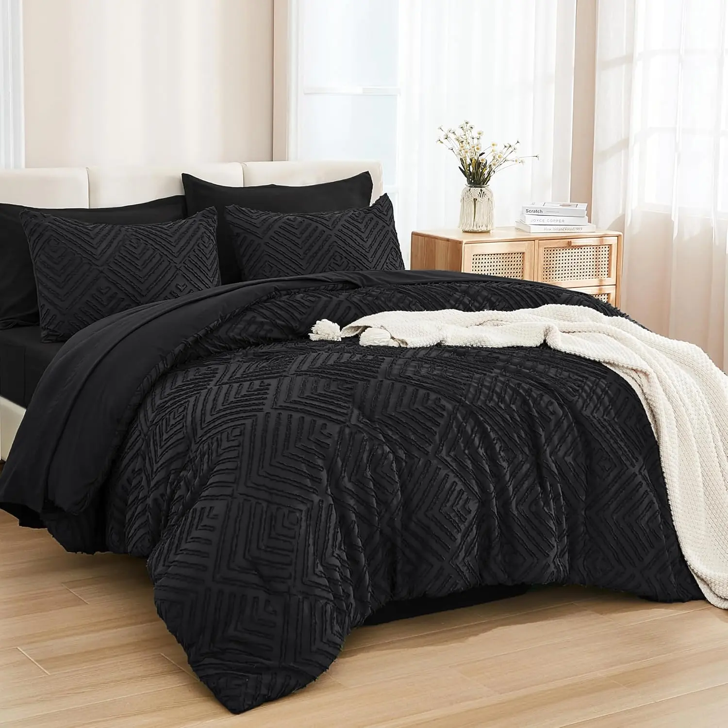 King Size Microfiber Bedding Set - 7-Piece Bohemian Geometric Fluffy Soft Tufted Fabric Bed-in-a-Bag with Comforter, Sheets, Pillowcases, Shams