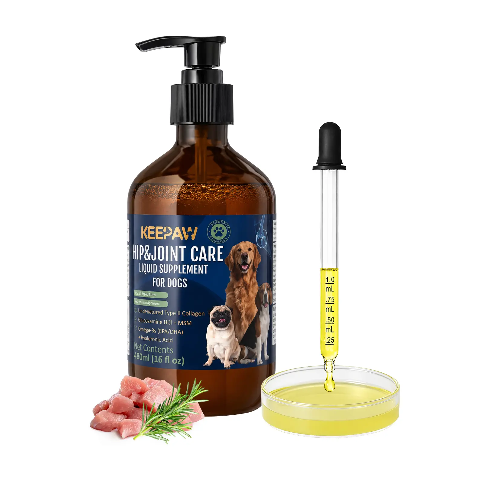 KEEPAW Liquid Hip and Joint Supplement for Senior Dogs 16floz with Undenatured Type II Collagen, Glucosamine, MSM, Omega-3, Hyaluronic Acid&Vitamin E – Easy to Use Dropper for Large and Small Breeds