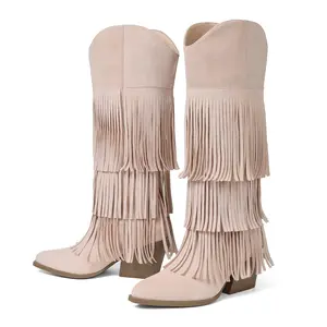 EROCALL Women's Fringe Cowgirl Boots Mid Calf Pointed Toe Chunky Heel Pull On Western Boots  Embroidered Tassel Details for Country Concerts Music Festivals and Daily Outfits Snip Toe Comfy Cowboy Boots Retro Style Cowgirl Boots