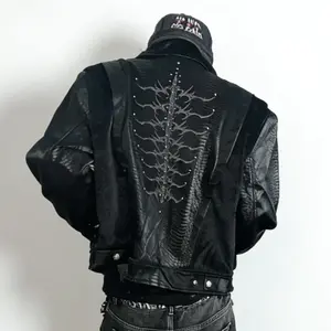 Unisex Y2K street-style leather jacket made from 100% cotton, featuring a dragon motif and rhinestone appliqué; includes a three-dimensional snake-skin texture fabric, dragon-motif rhinestones, snake-skin PU leather, and velvet paneling—perfect for street
