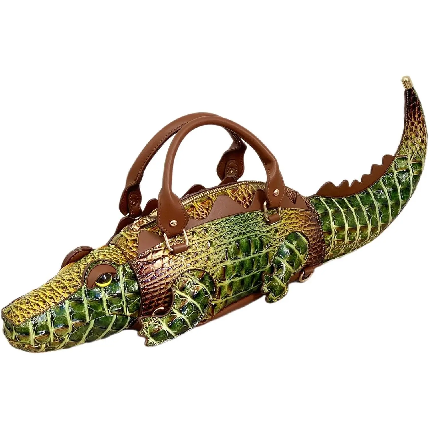 A unique and novel 3D crocodile-shaped PU leather handbag with detachable shoulder strap, suitable for cross-body carrying.