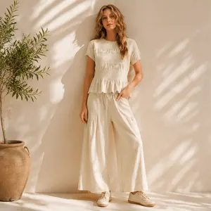 Women's 2 Piece Smocked Matching Set, Short Sleeve Peplum Top and High Waisted Wide Leg Pants, Casual Relaxed Fit Outfit with Pockets