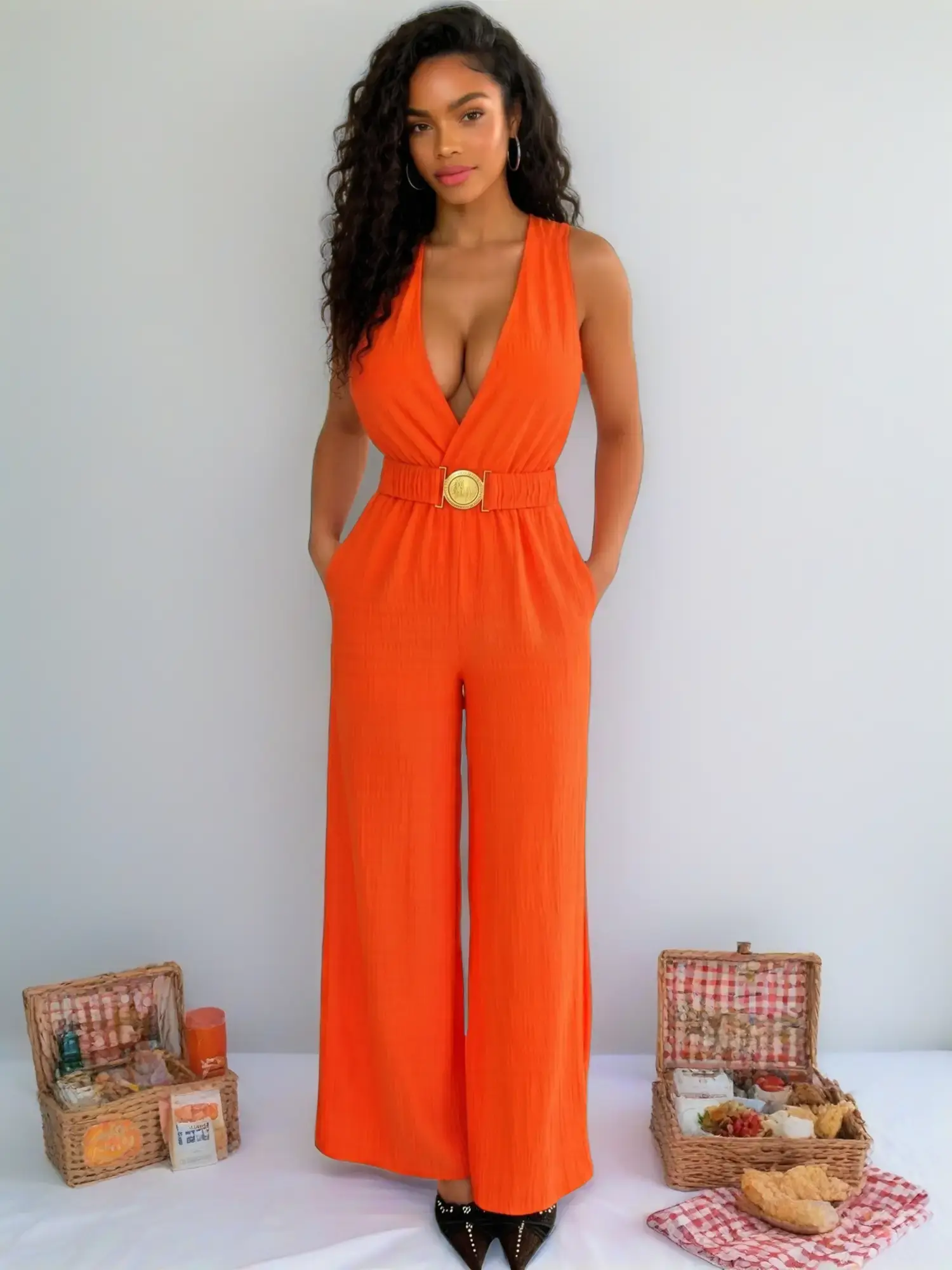 Women's Sleeveless Deep V Minimalist Overalls - Polyester Breathable High-Waisted Belted Wide-Leg Jumpsuit with Ruched, Pleated Long Pants, Suitable for Vacations, Commuting, Model 8005