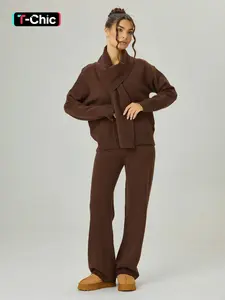 Women's Slouchy Solid Color V-Neck Long Sleeve Knit Sweater with Scarf & Wide Leg Trousers Co-ord